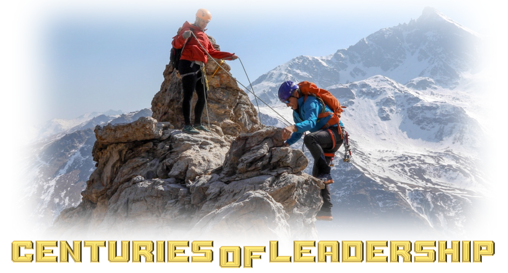 Centuries of Leadership Logo - Mount Everest Peak with Climber leading Climber